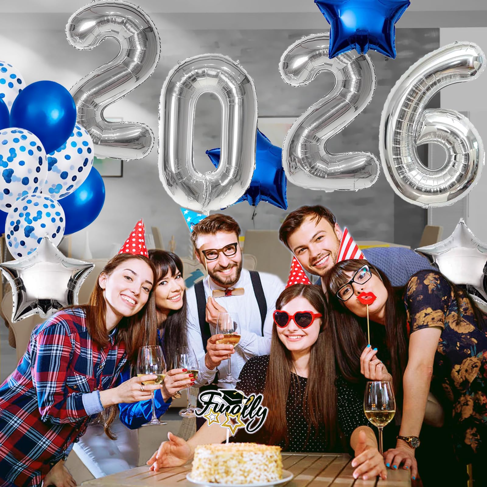 AOOTOOSPORT 2026 Graduation Balloons Kit - 40 Inch Silver Number Balloons with Blue & White Latex, Star Foil, and Confetti Balloons - 28 Piece Party Set