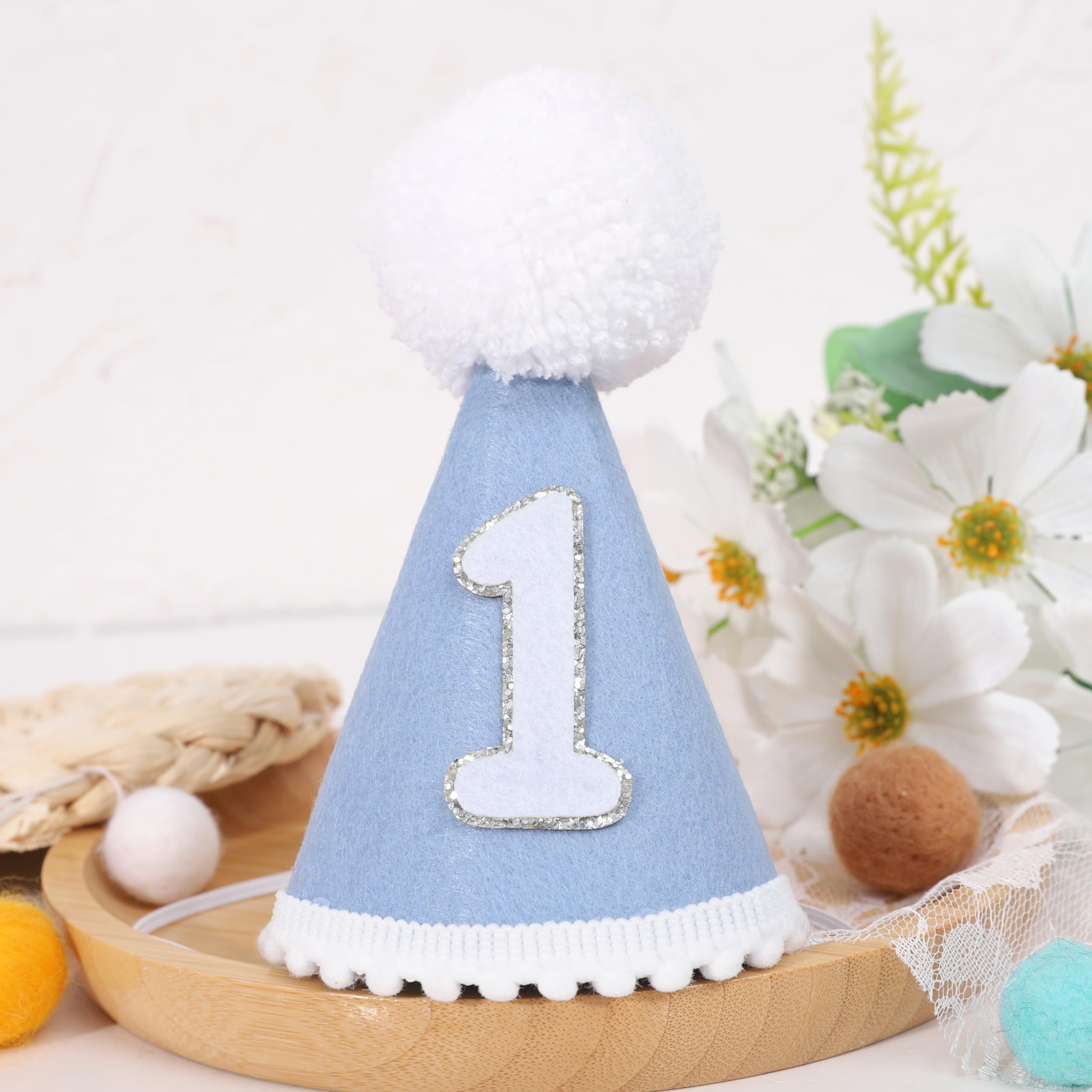 AOQURE 1st Birthday Cone Hat – Felt Party Crown with Pom Poms for Baby's Cake Smash