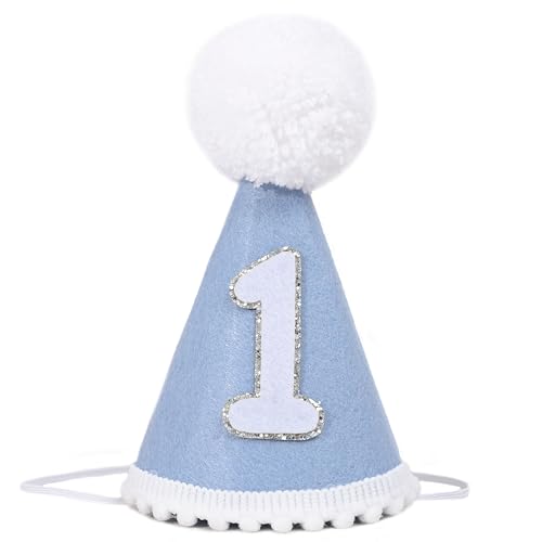 AOQURE 1st Birthday Cone Hat – Felt Party Crown with Pom Poms for Baby's Cake Smash