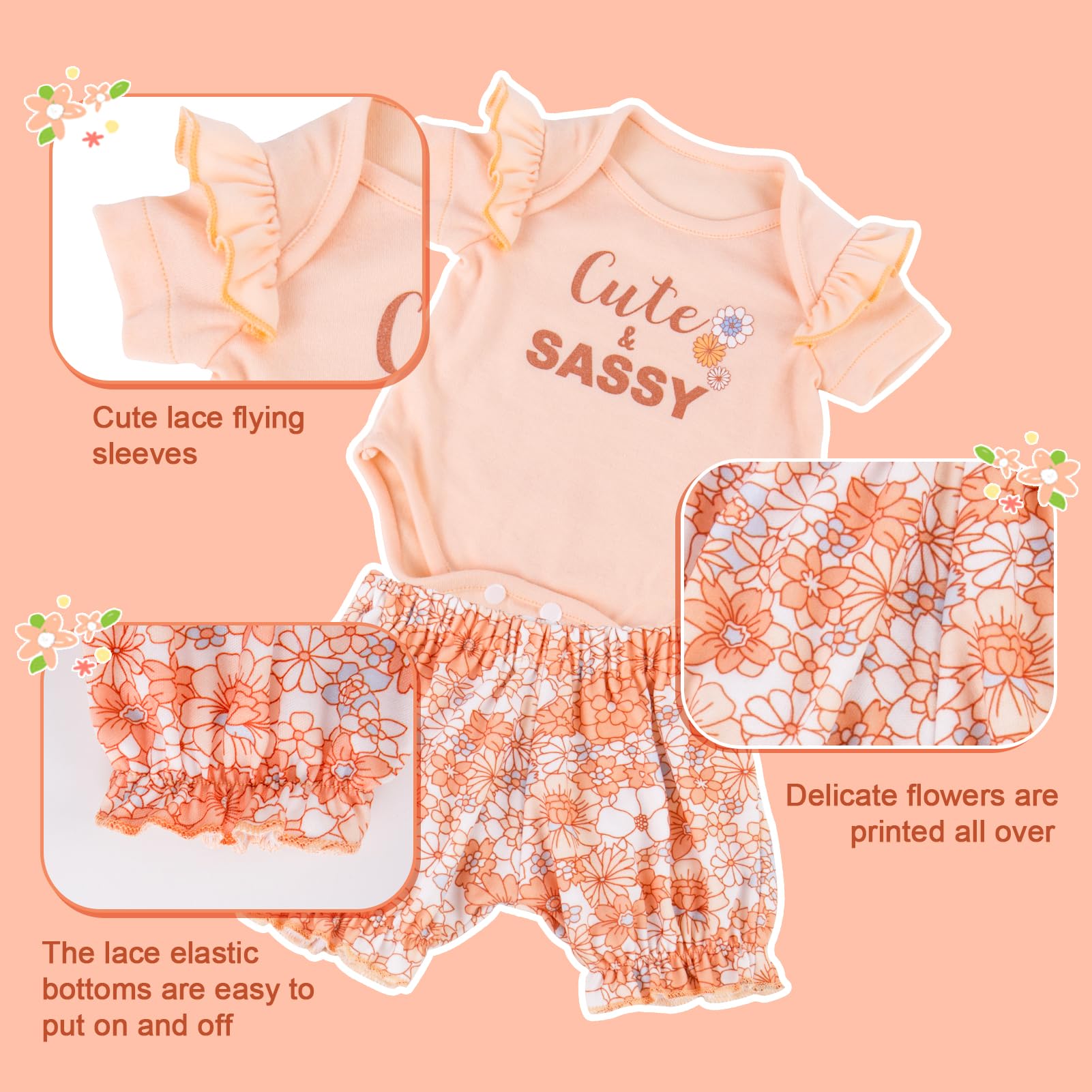Aori 20 Inch Reborn Doll Clothes Set – Pink Onesie, Floral Pants & Bow Headband for 17-20" Realistic Baby Dolls