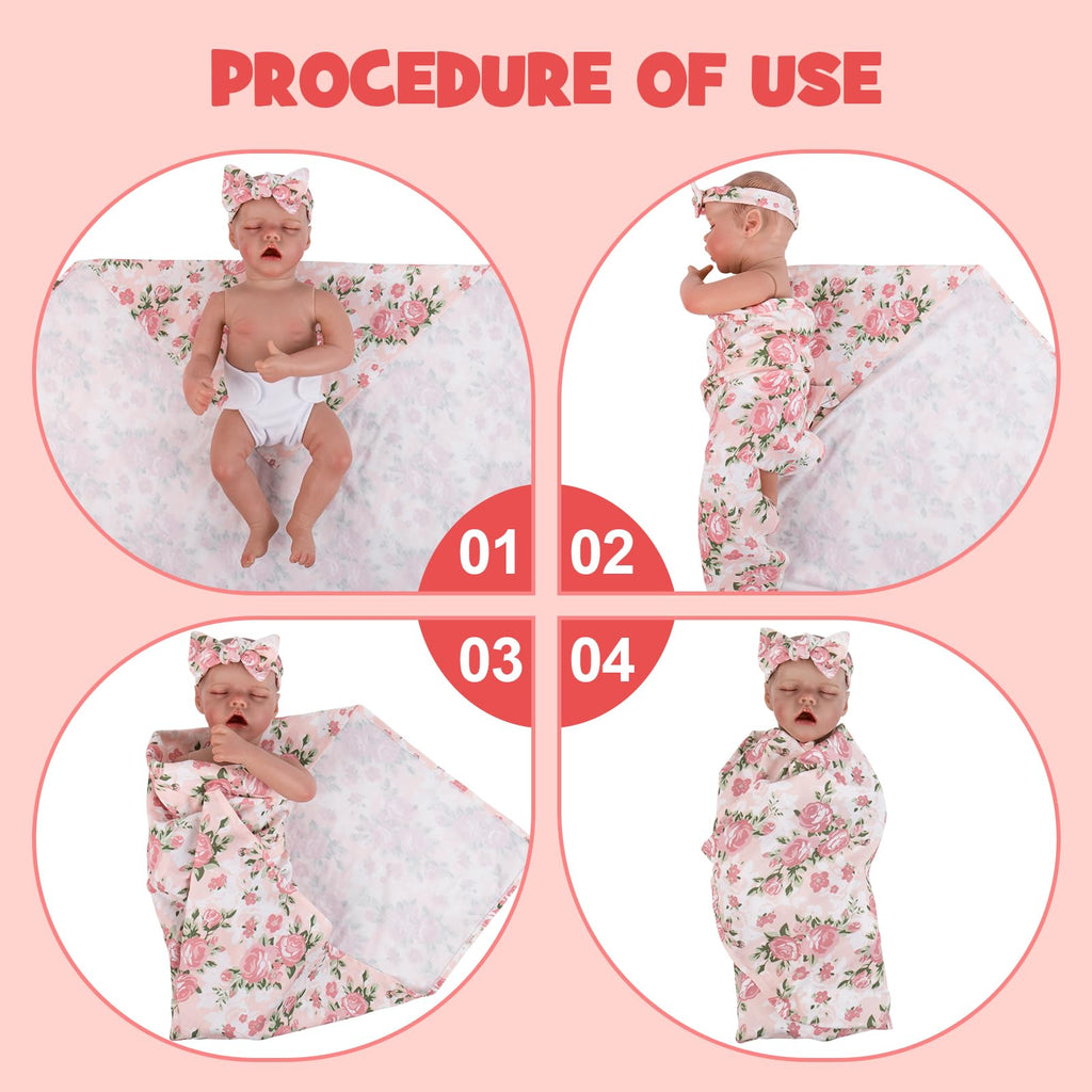 Aori 3-Piece Reborn Doll Swaddle Set – Floral Blanket, Headband & Hat for 17-20 Inch Dolls