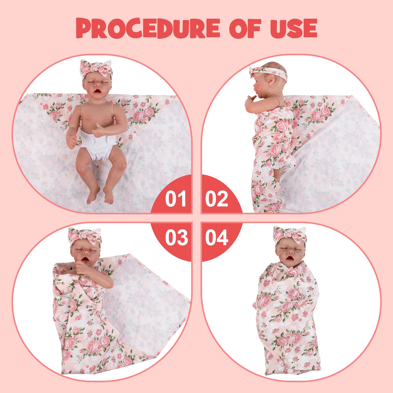 Aori 3-Piece Reborn Doll Swaddle Set – Floral Blanket, Headband & Hat for 17-20 Inch Dolls