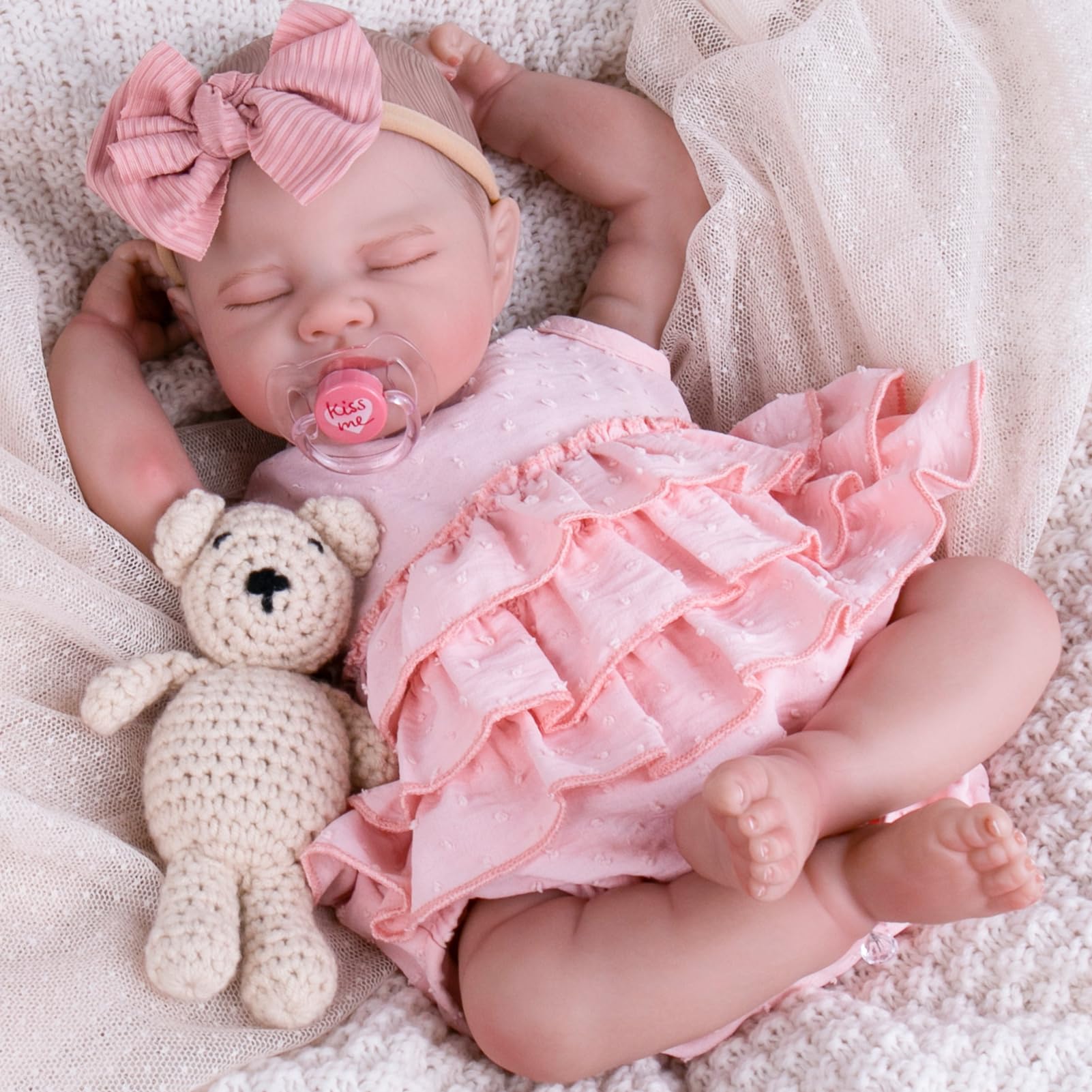 Aori Doll Clothes Set – Pink Dress, Bow Headband & Socks for 17–20 Inch Reborn Baby Dolls