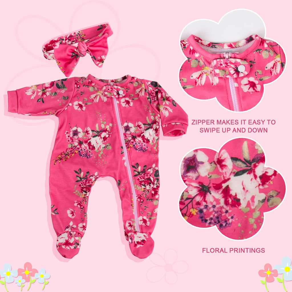 Aori Pink Floral Jumpsuit and Headband Set for 17-20 Inch Reborn Baby Dolls