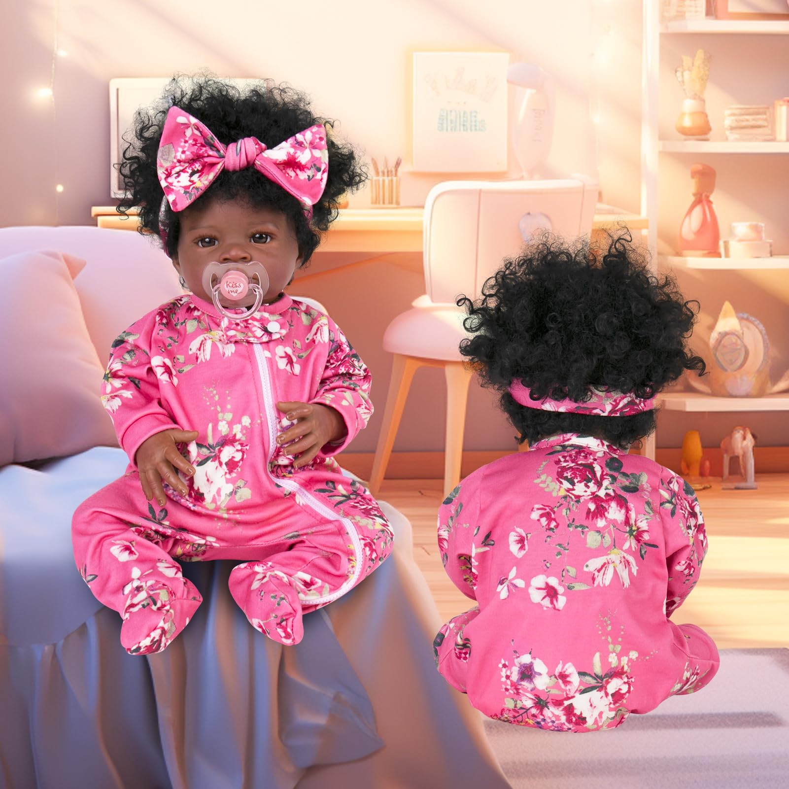Aori Pink Floral Jumpsuit and Headband Set for 17-20 Inch Reborn Baby Dolls