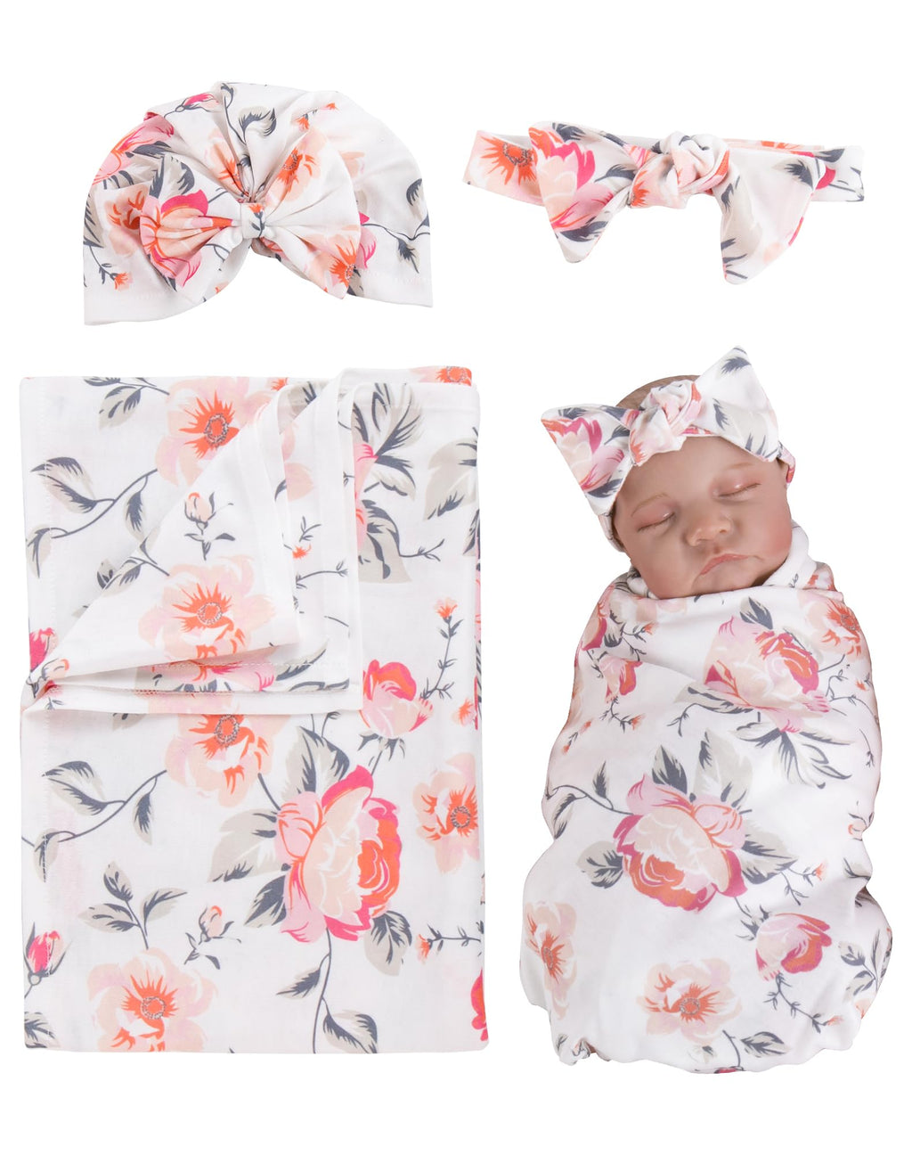 Aori Reborn Doll Swaddle Set: Floral Blanket, Bow Hat & Headband for 17-20" Dolls