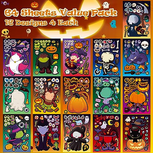 Aowplc 64 Sheets Halloween Stickers for Kids - 16 Designs, Waterproof, DIY Craft Party Favors