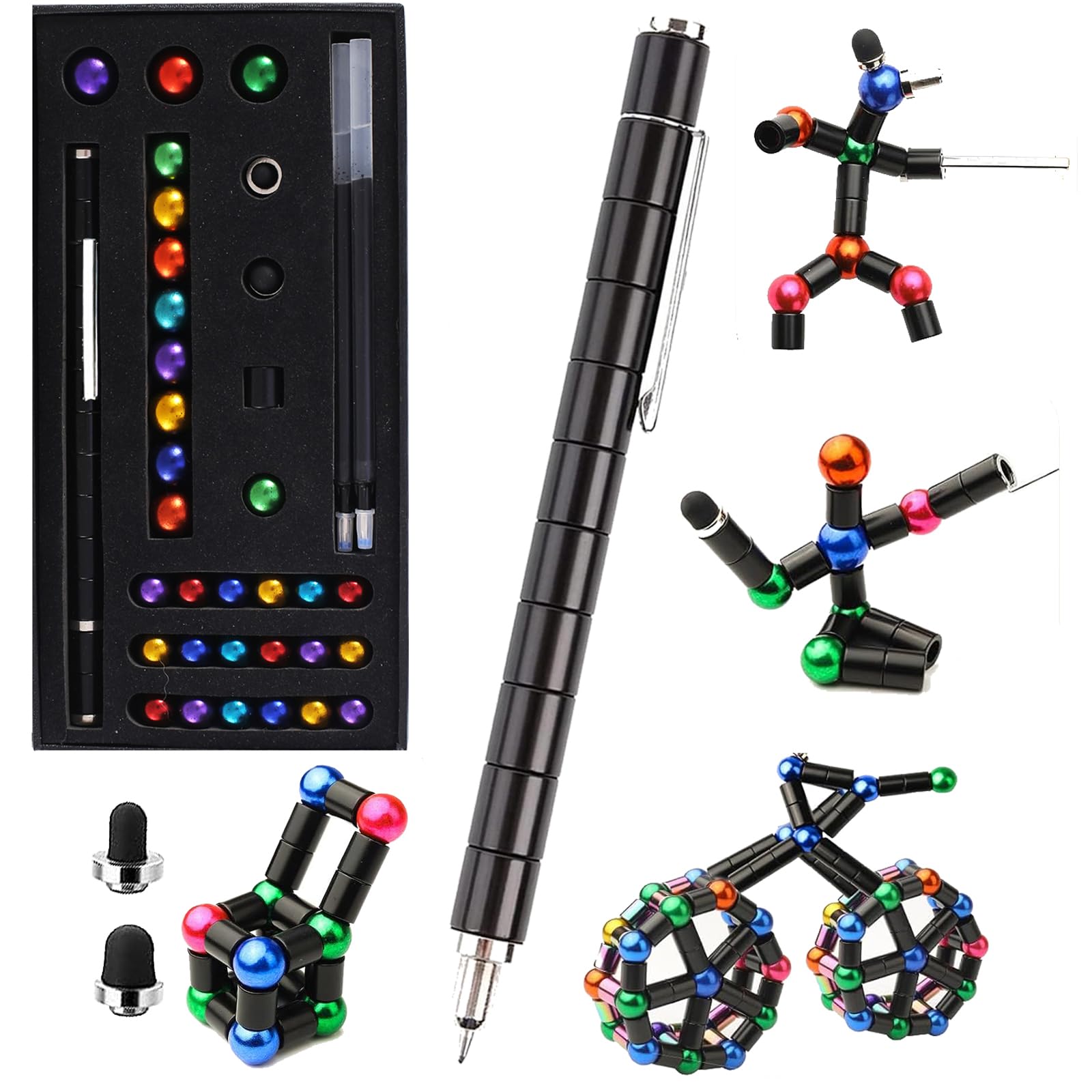AOYALABOR Magnetic Fidget Pen – Buildable Toy Pen with 30 Steel Balls, 14 Rings & 5 Ink Refills for Stress Relief and Creativity