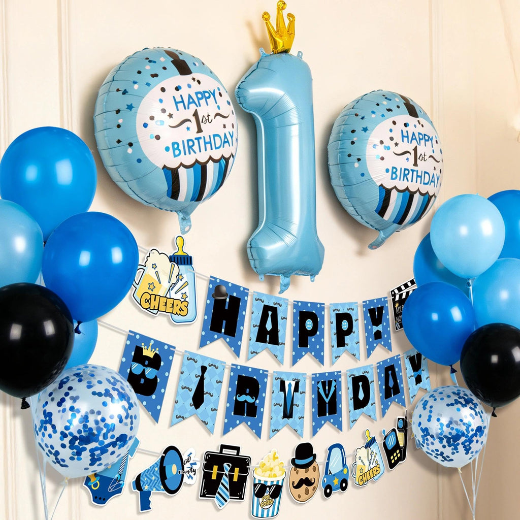 APINWIN Blue Black Boss 1st Birthday Party Kit – Pre-Strung Banner, Garland, Cake Topper, Foil & Latex Balloons for Boys