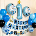 APINWIN Blue Black Boss 1st Birthday Party Kit – Pre-Strung Banner, Garland, Cake Topper, Foil & Latex Balloons for Boys