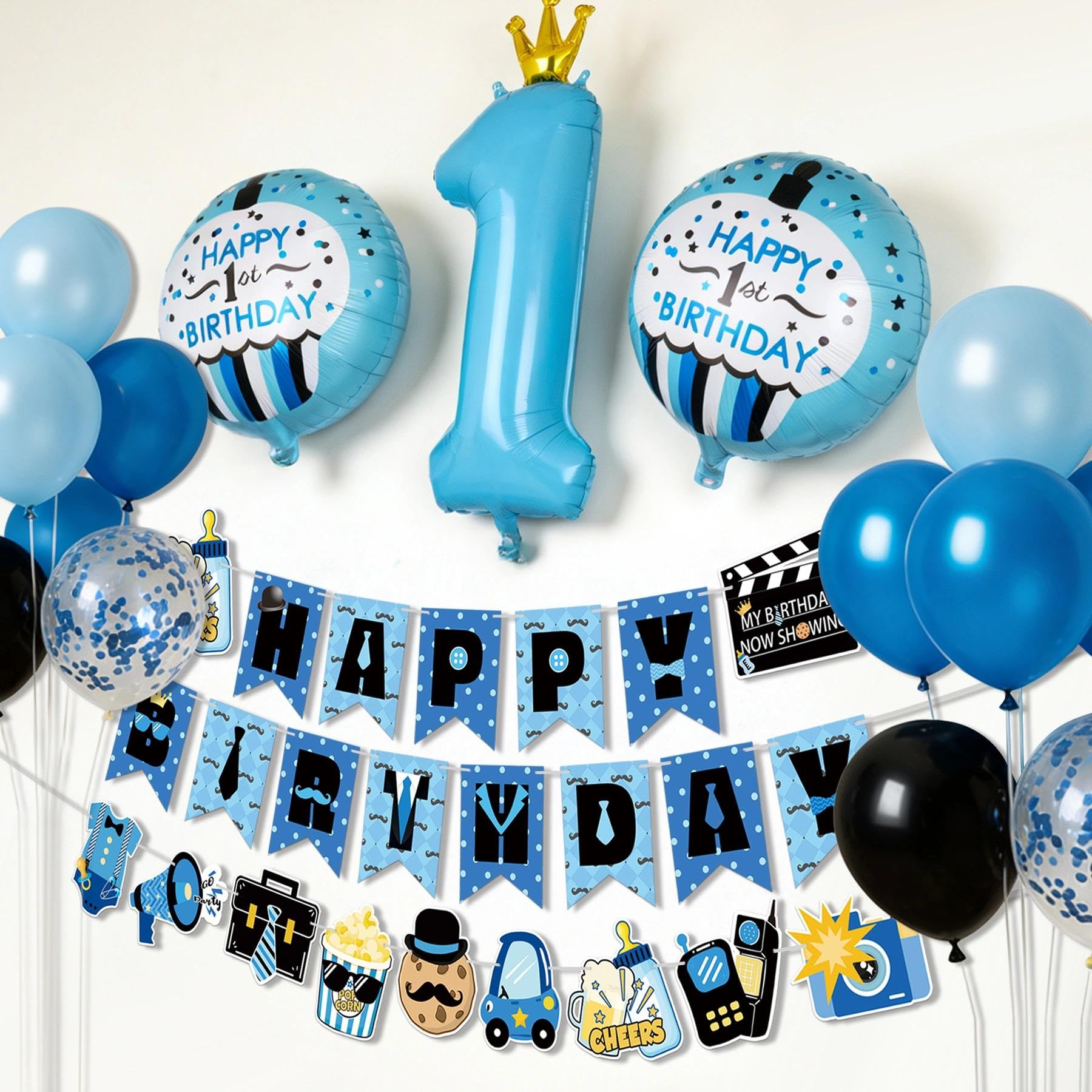 APINWIN Blue Black Boss 1st Birthday Party Kit – Pre-Strung Banner, Garland, Cake Topper, Foil & Latex Balloons for Boys