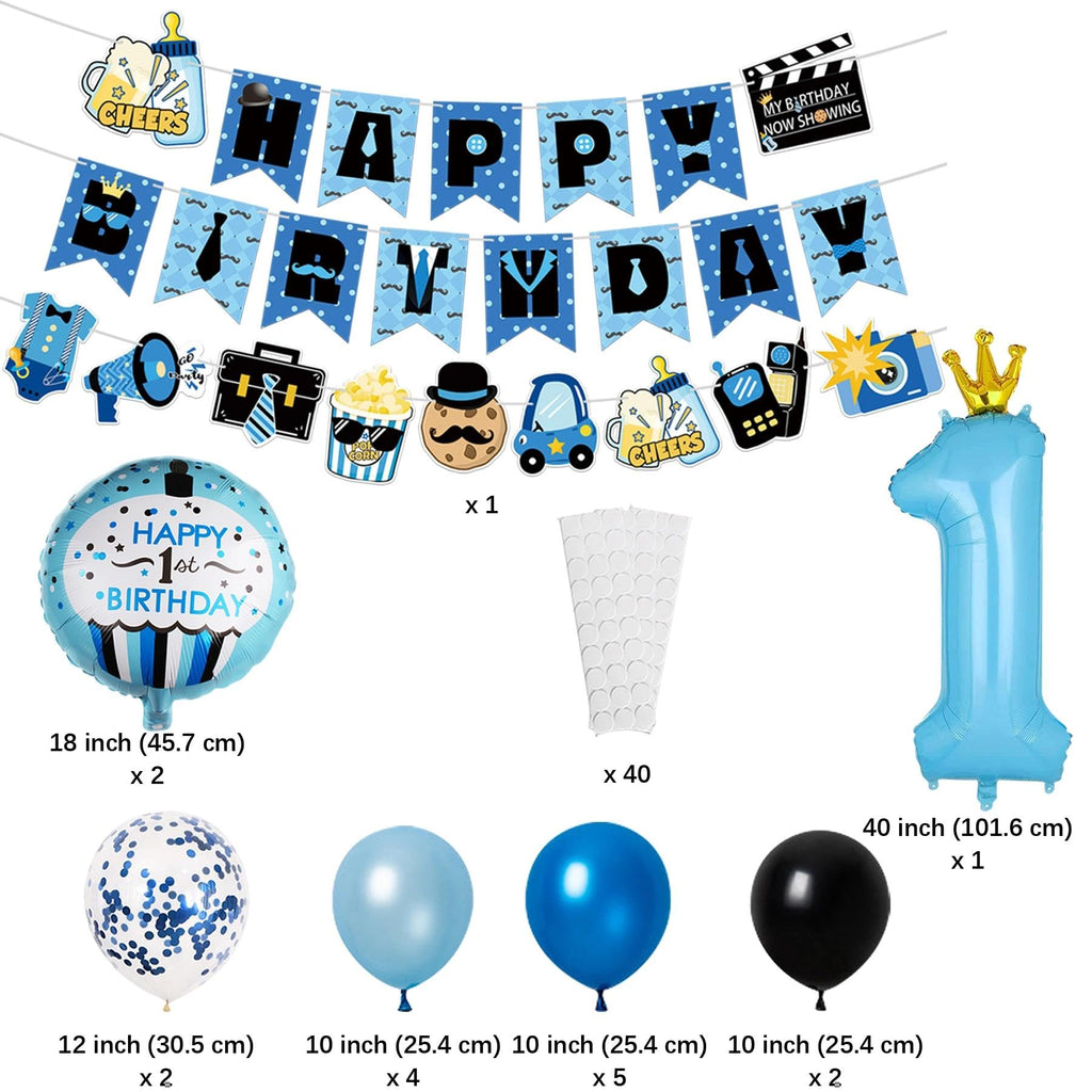 APINWIN Blue Black Boss 1st Birthday Party Kit – Pre-Strung Banner, Garland, Cake Topper, Foil & Latex Balloons for Boys