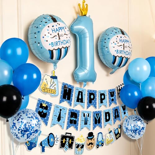 APINWIN Blue Black Boss 1st Birthday Party Kit – Pre-Strung Banner, Garland, Cake Topper, Foil & Latex Balloons for Boys