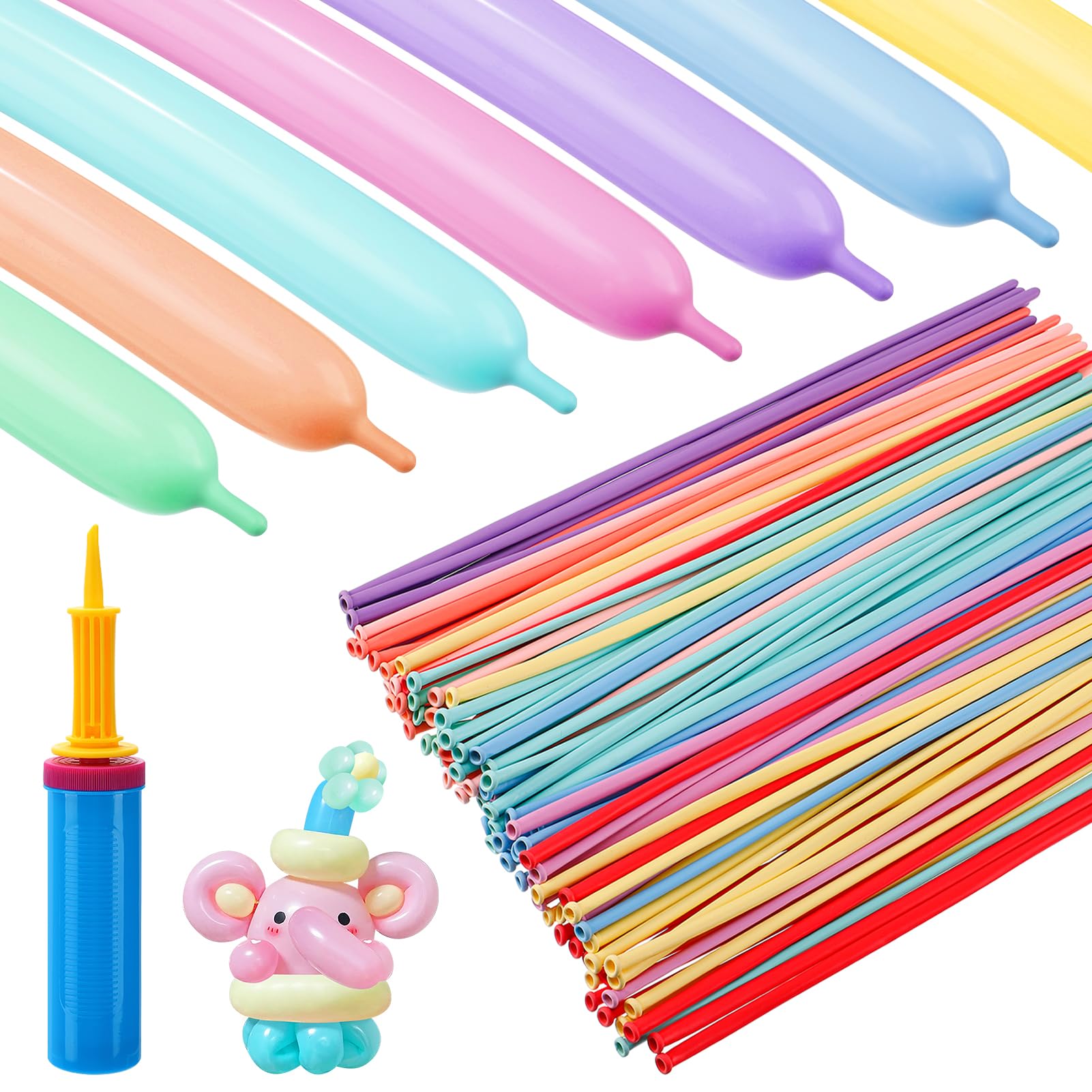 Apipi 100 Pack 260Q Balloon Animal Kit with Pump – Pastel Macaron Latex Twisting Balloons for Party Decor, Birthday Gifts, and DIY Craft
