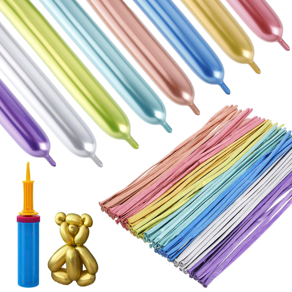 Apipi 260 Balloons Kit with Pump – 100 Metallic Latex Twisting Balloons for Animal and Flower Designs, Party and Birthday Gifts