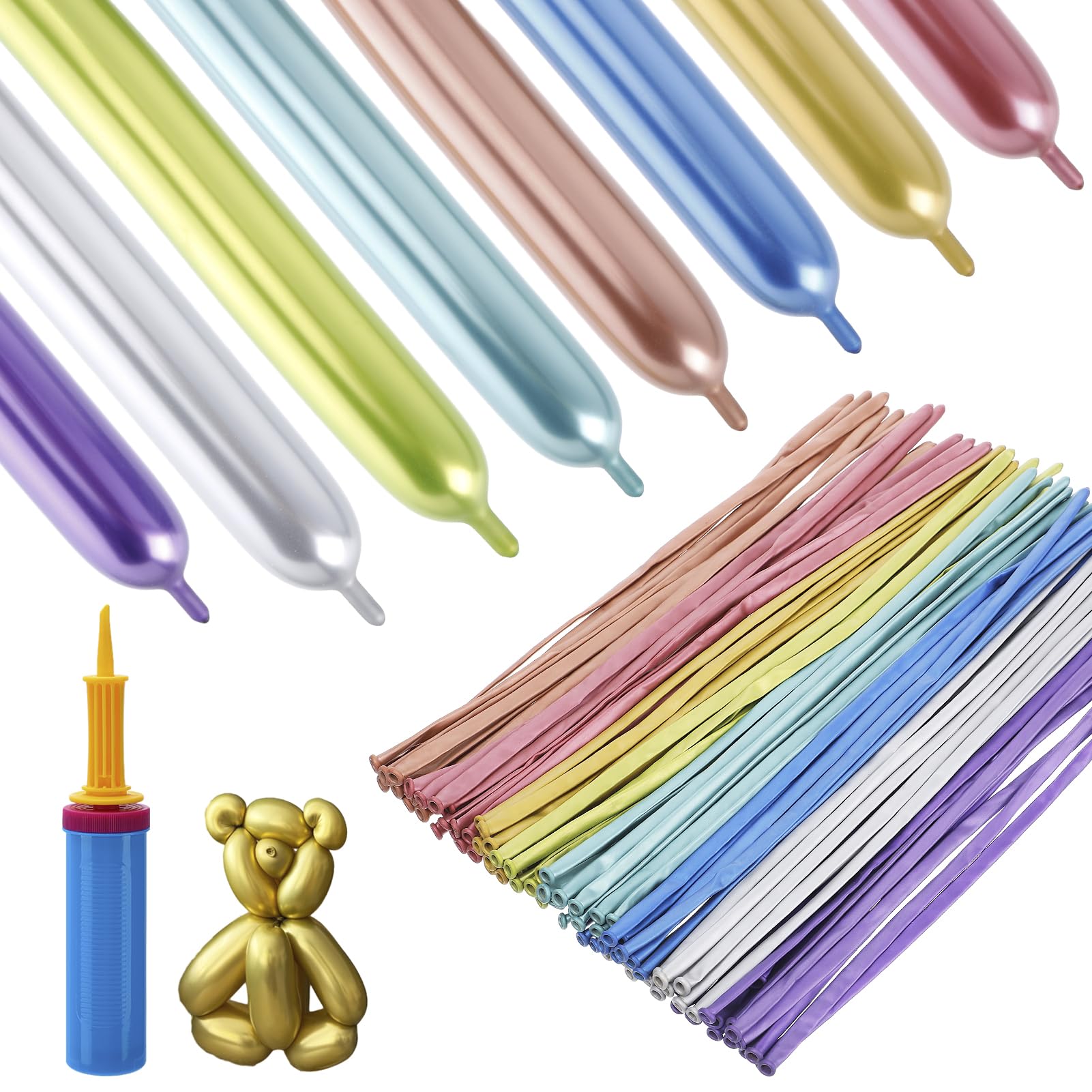 Apipi 260 Balloons Kit with Pump – 100 Metallic Latex Twisting Balloons for Animal and Flower Designs, Party and Birthday Gifts