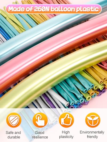 Apipi 260 Balloons Kit with Pump – 100 Metallic Latex Twisting Balloons for Animal and Flower Designs, Party and Birthday Gifts