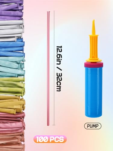 Apipi 260 Balloons Kit with Pump – 100 Metallic Latex Twisting Balloons for Animal and Flower Designs, Party and Birthday Gifts