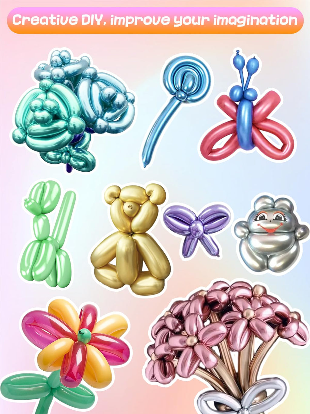 Apipi 260 Balloons Kit with Pump – 100 Metallic Latex Twisting Balloons for Animal and Flower Designs, Party and Birthday Gifts