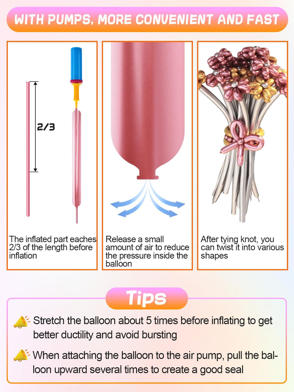Apipi 260 Balloons Kit with Pump – 100 Metallic Latex Twisting Balloons for Animal and Flower Designs, Party and Birthday Gifts