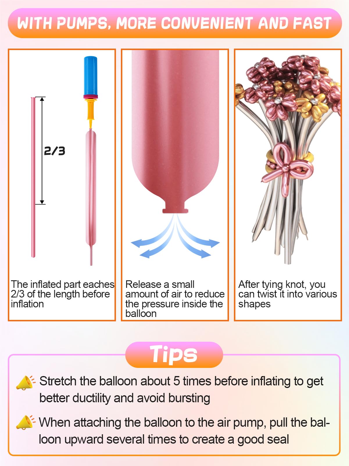 Apipi 260 Balloons Kit with Pump – 100 Metallic Latex Twisting Balloons for Animal and Flower Designs, Party and Birthday Gifts