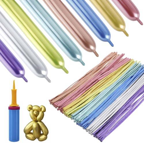 Apipi 260 Balloons Kit with Pump – 100 Metallic Latex Twisting Balloons for Animal and Flower Designs, Party and Birthday Gifts