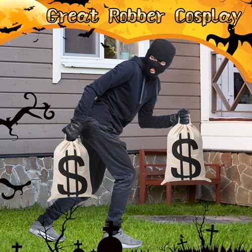 Apipi 4-Pack Canvas Money Bags - 7x13.8 Inch Dollar Sign Prop Sacks for Costumes and Party Favors