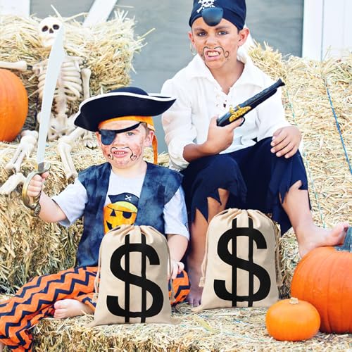 Apipi 4-Pack Canvas Money Bags - 7x13.8 Inch Dollar Sign Prop Sacks for Costumes and Party Favors