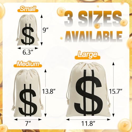 Apipi 4-Pack Canvas Money Bags - 7x13.8 Inch Dollar Sign Prop Sacks for Costumes and Party Favors