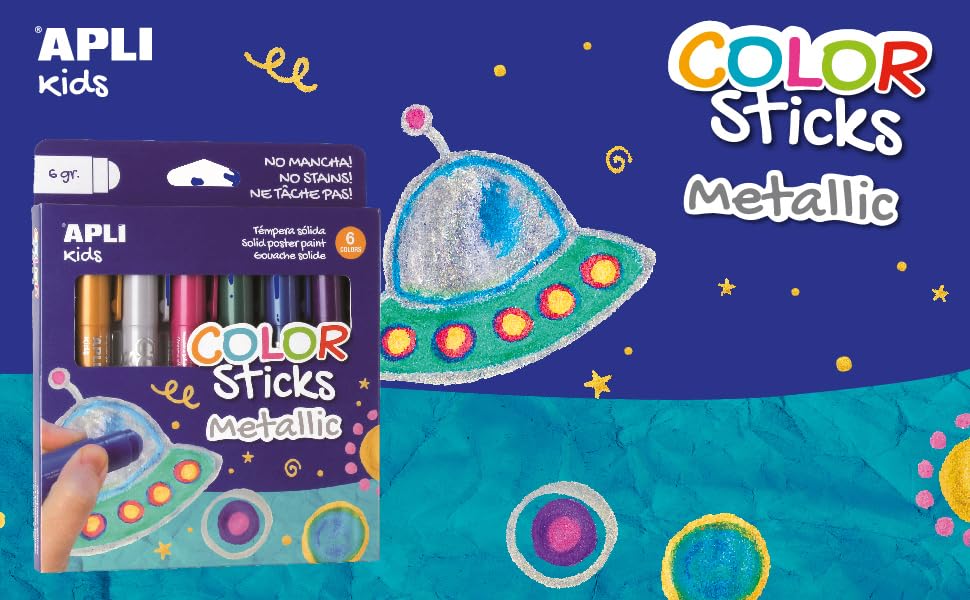 APLI Kids Metallic Colouring Sticks – 6-Pack, 6g Each, Quick-Drying and Non-Staining