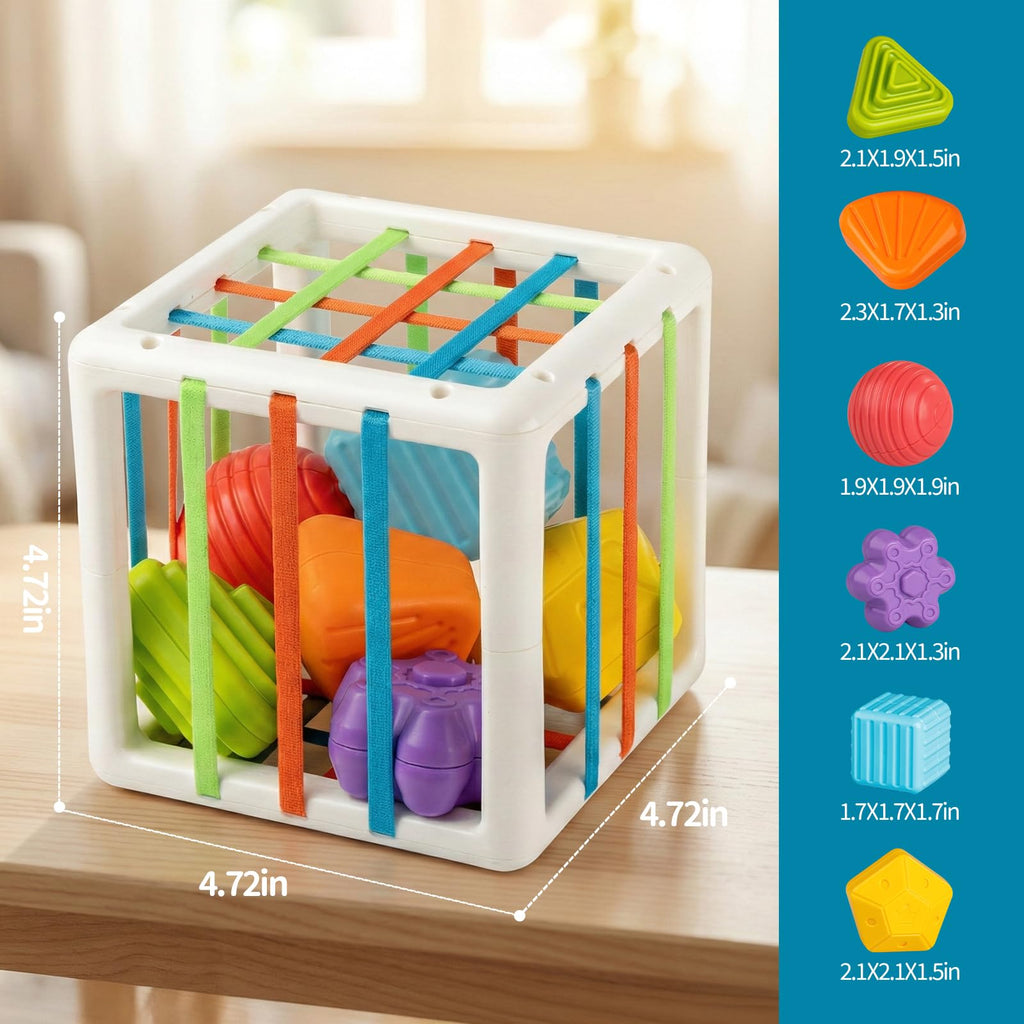 Aprilwolf Montessori Shape Sorting Cube - 6 Sensory Blocks for Toddlers 1-3 Years