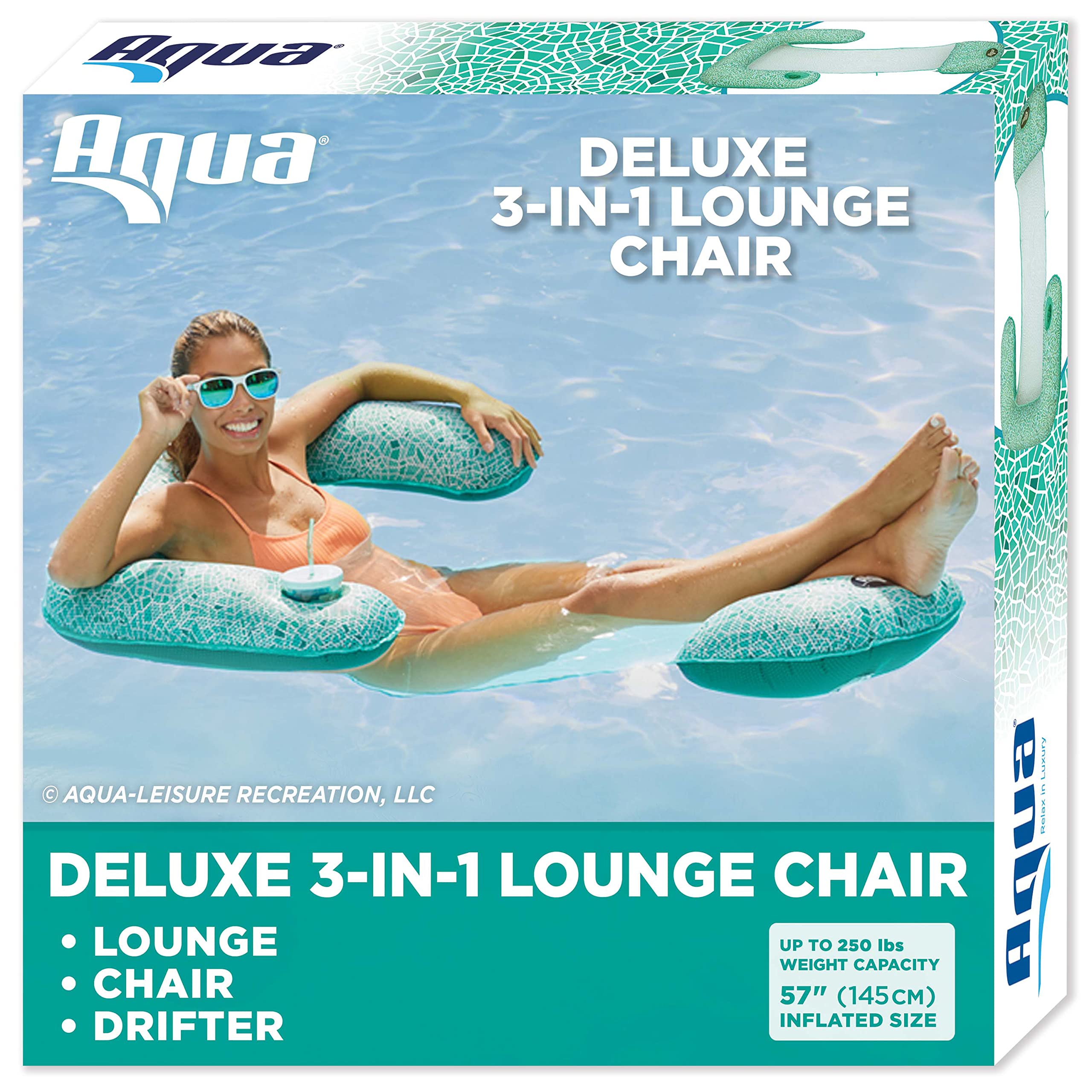 Aqua LEISURE 3-in-1 Pool Float Lounge: Convertible Drifter, Chair & Lounger - Green Mosaic