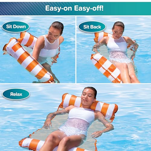 Aqua Leisure 4-in-1 Monterey Hammock Pool Float – Orange/White Stripe, Non-Stick PVC, Easy Entry for Adults