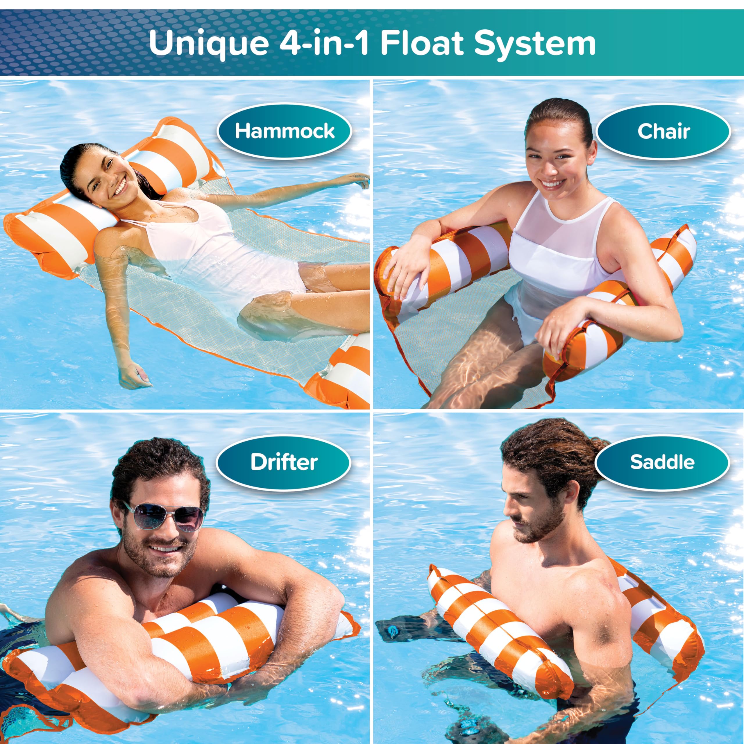 Aqua Leisure 4-in-1 Monterey Hammock Pool Float – Orange/White Stripe, Non-Stick PVC, Easy Entry for Adults