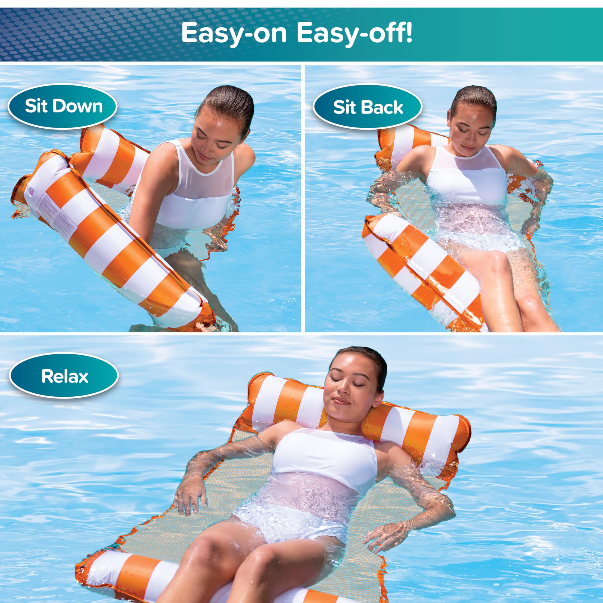 Aqua Leisure 4-in-1 Monterey Hammock Pool Float – Orange/White Stripe, Non-Stick PVC, Easy Entry for Adults