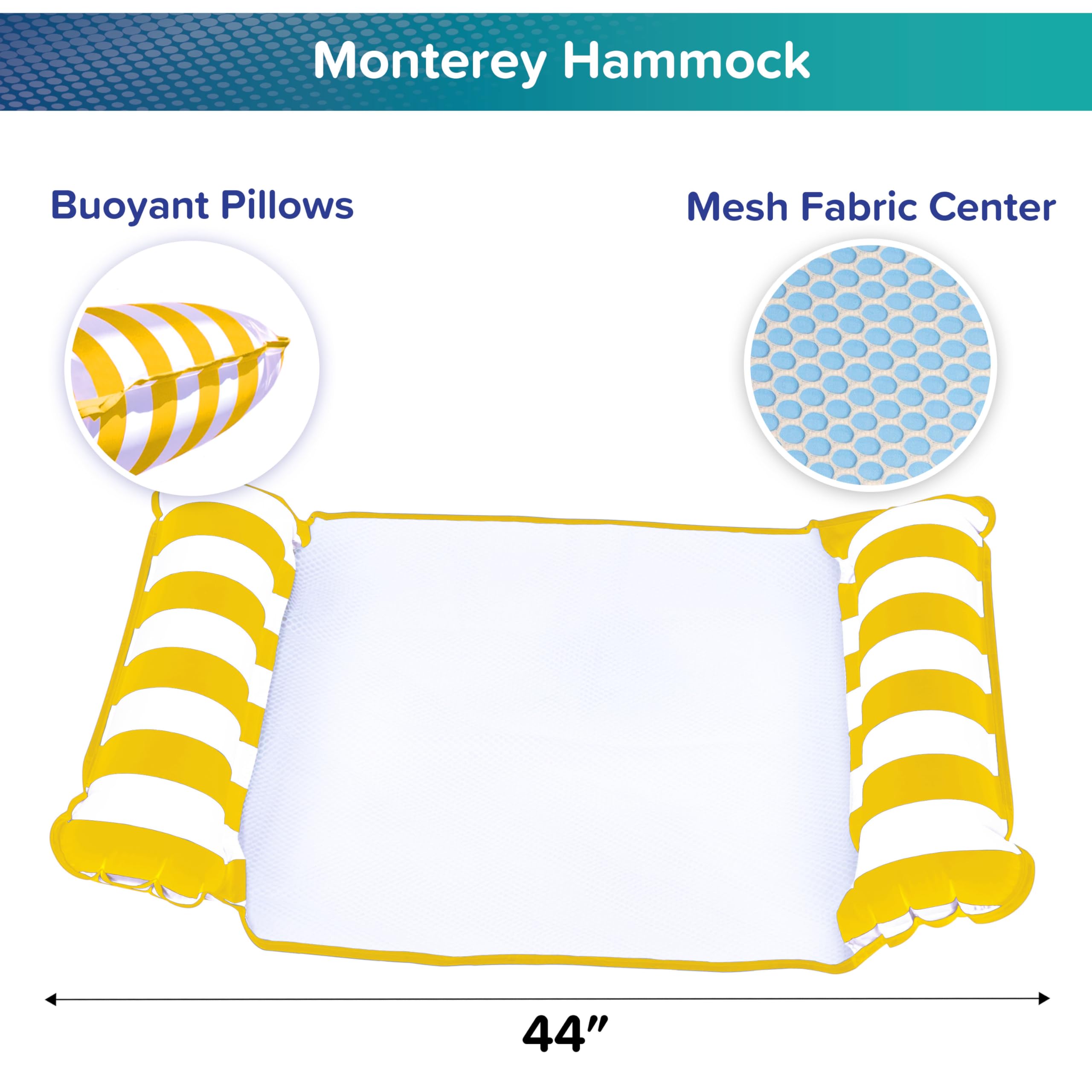 Aqua Original 4-in-1 Monterey Hammock Pool Float – Golden Sunshine, 44x26 inch, Non-Stick PVC, 250 lb Capacity