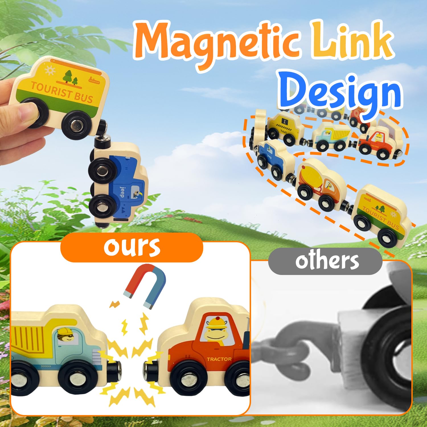 AquaArcc Wooden Magnetic Train Set – 11-Piece Montessori Toy for Toddlers 1-3 with Storage Bag