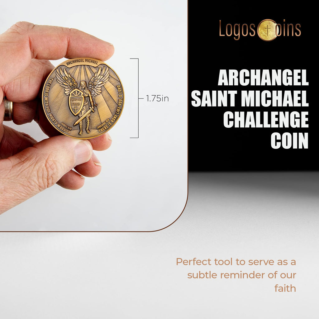 Archangel Saint Michael Challenge Coin – 1.75" Antique Gold Plated Quis Ut Deus Prayer Token