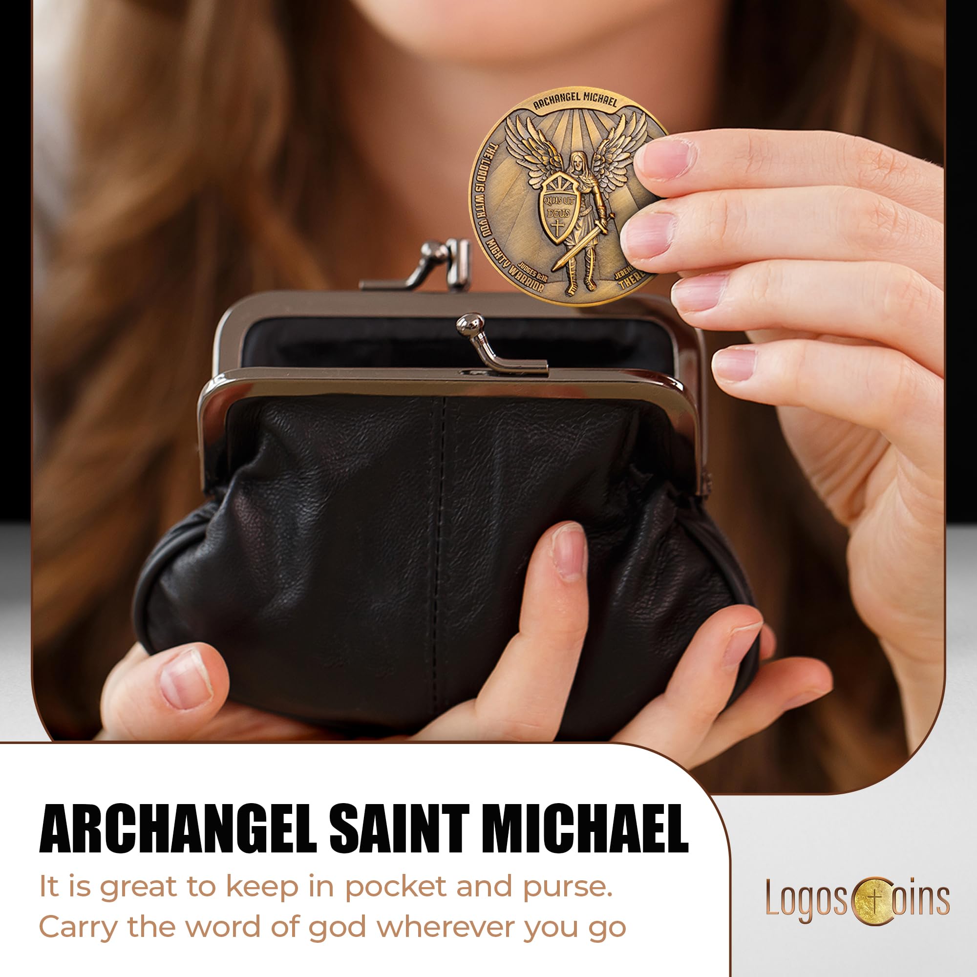 Archangel Saint Michael Challenge Coin – 1.75" Antique Gold Plated Quis Ut Deus Prayer Token