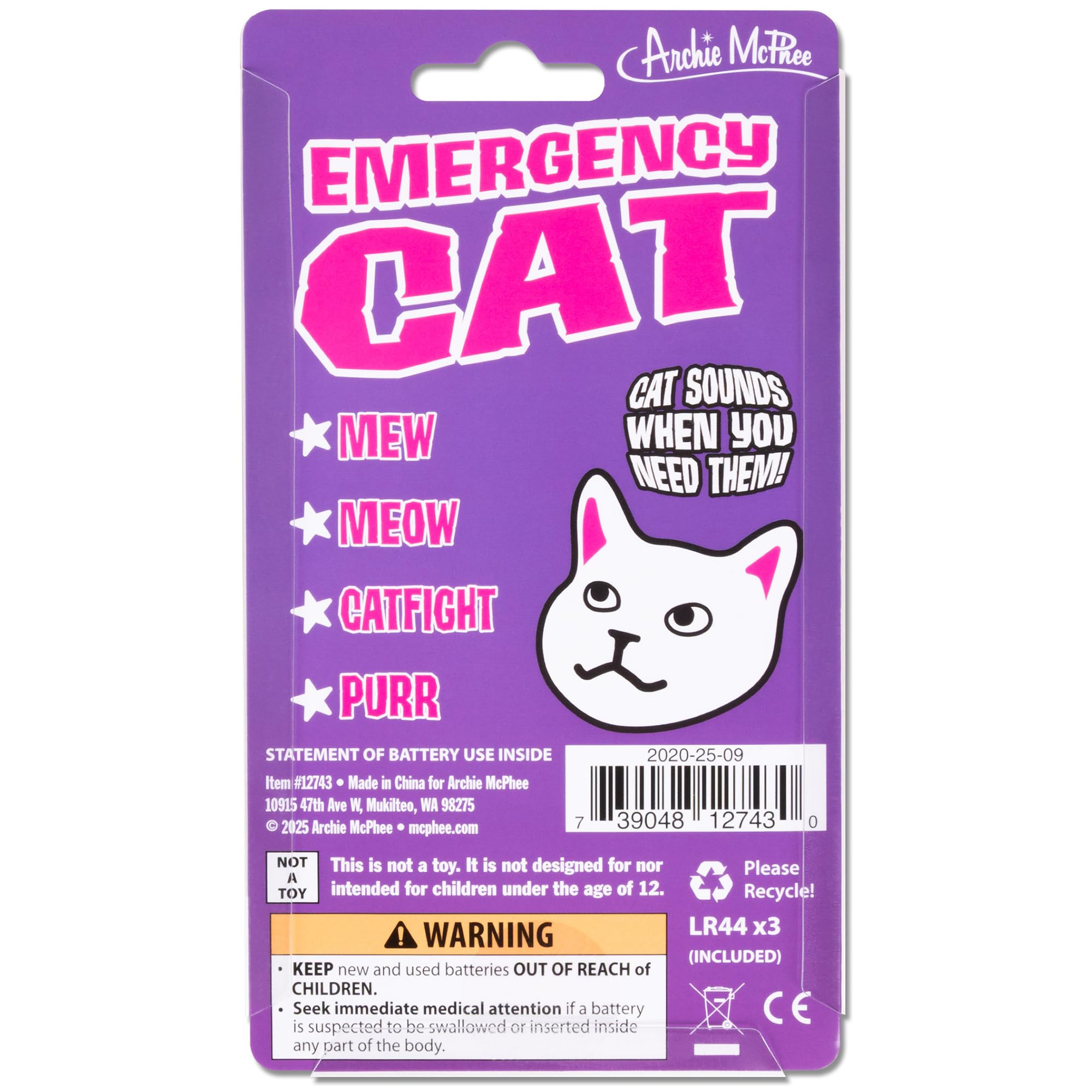 Archie McPhee Emergency Cat Sound Maker – 4 Cat Sounds, 3.5-Inch Handheld, Battery-Powered