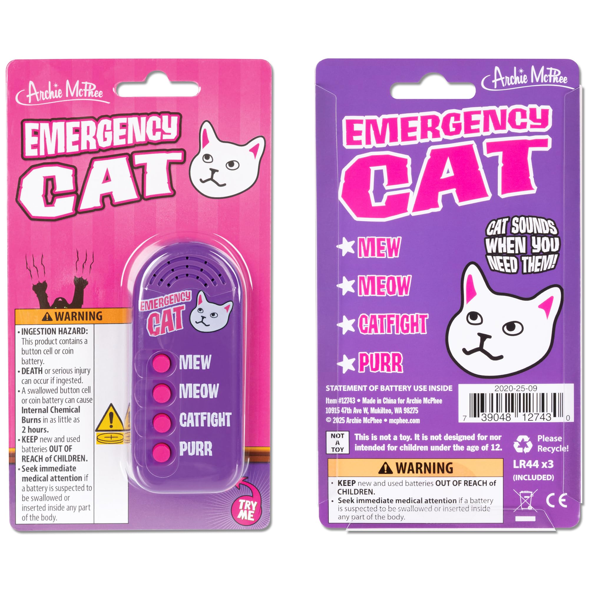 Archie McPhee Emergency Cat Sound Maker – 4 Cat Sounds, 3.5-Inch Handheld, Battery-Powered