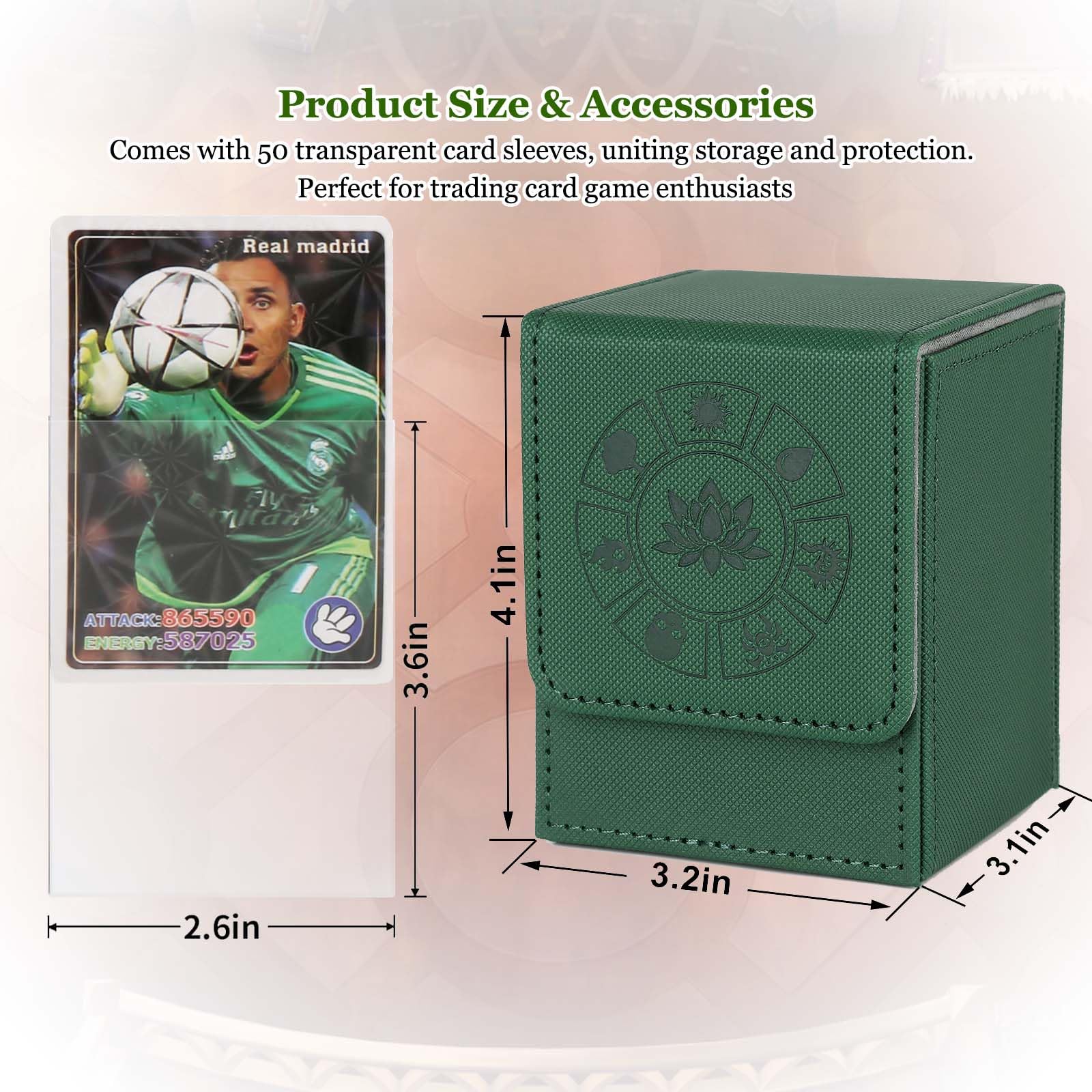 Arkeiliy Green MTG Deck Box – 110+ Card Storage with 50 Sleeves, Faux Leather Magnetic Case for Commander and Trading Cards