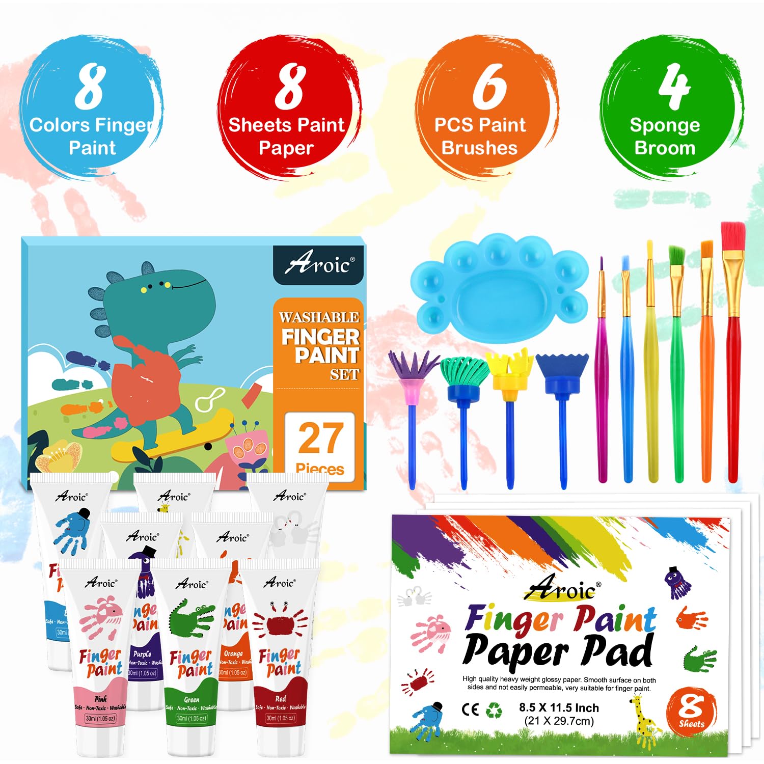 AROIC 27-Piece Washable Finger Paint Set: 8 Colors, Paper, Brushes & Sponges for Kids