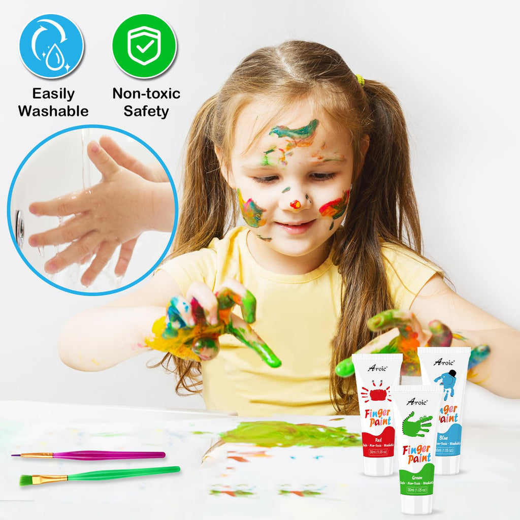 AROIC 27-Piece Washable Finger Paint Set: 8 Colors, Paper, Brushes & Sponges for Kids
