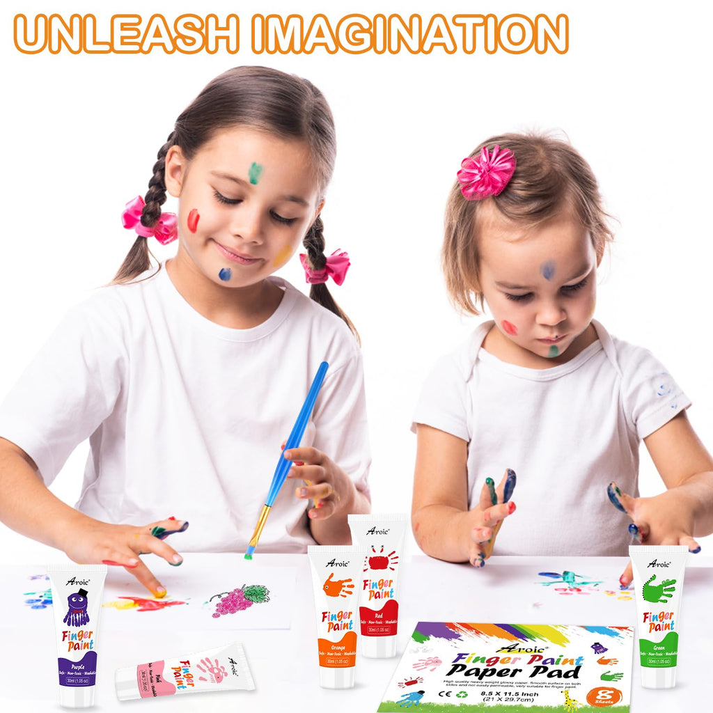 AROIC 27-Piece Washable Finger Paint Set: 8 Colors, Paper, Brushes & Sponges for Kids