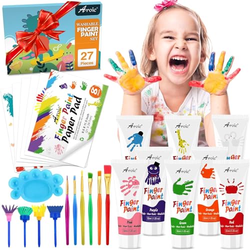 AROIC 27-Piece Washable Finger Paint Set: 8 Colors, Paper, Brushes & Sponges for Kids