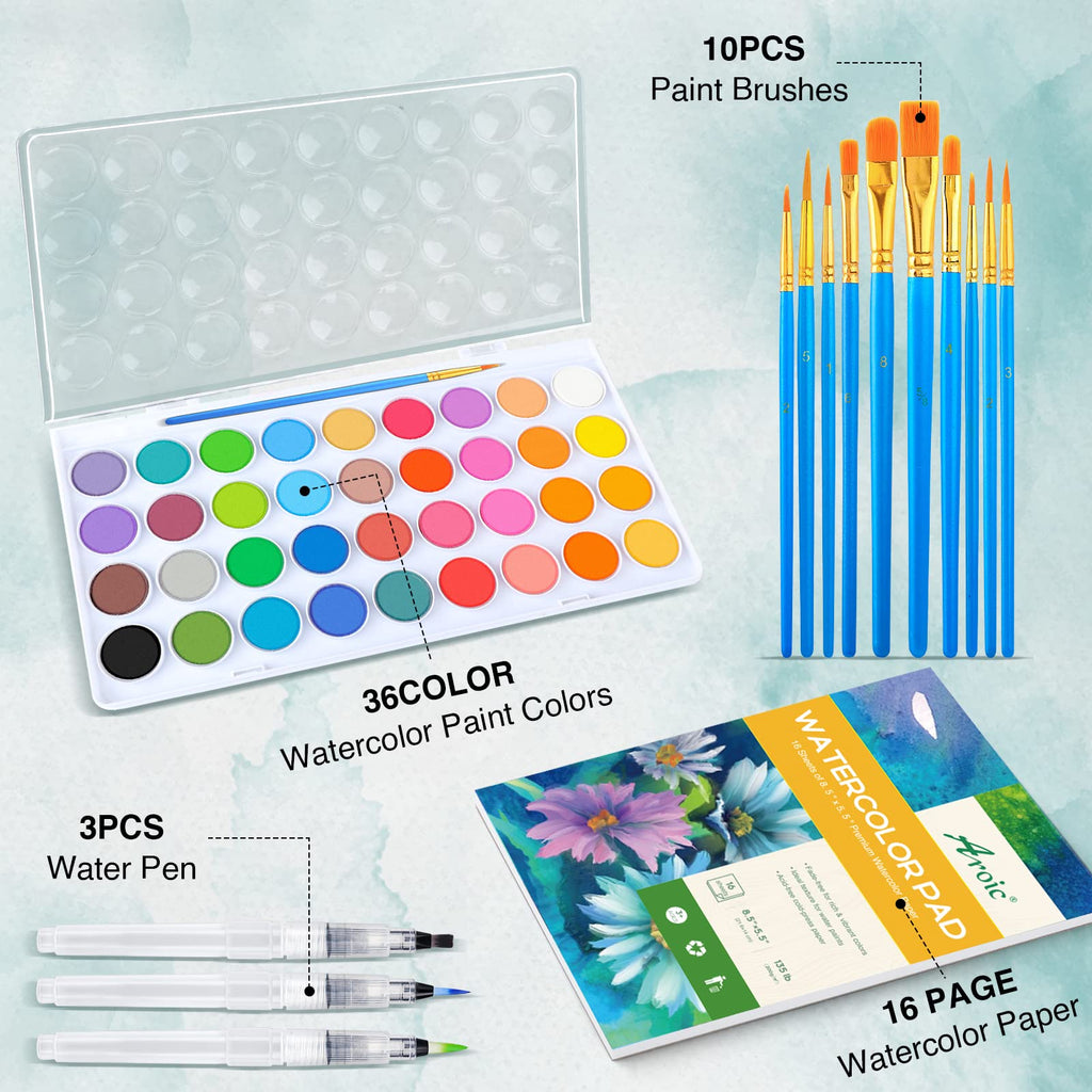 AROIC 65-Piece Watercolor Paint Set – 36 Colors, 10 Brushes, 3 Water Brush Pens, 16-Sheet Pad