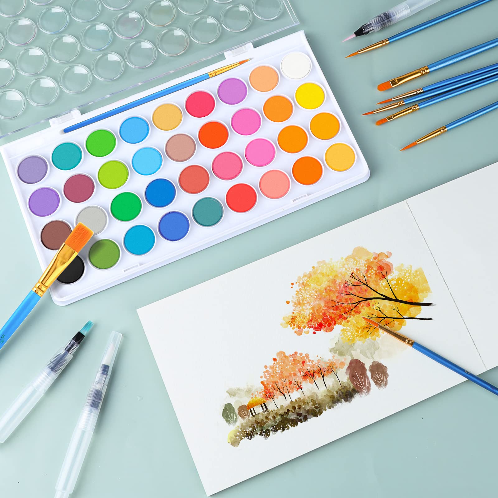 AROIC 65-Piece Watercolor Paint Set – 36 Colors, 10 Brushes, 3 Water Brush Pens, 16-Sheet Pad