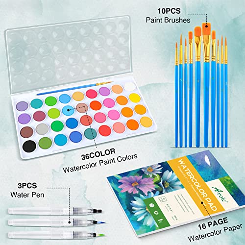 AROIC 65-Piece Watercolor Paint Set – 36 Colors, 10 Brushes, 3 Water Brush Pens, 16-Sheet Pad