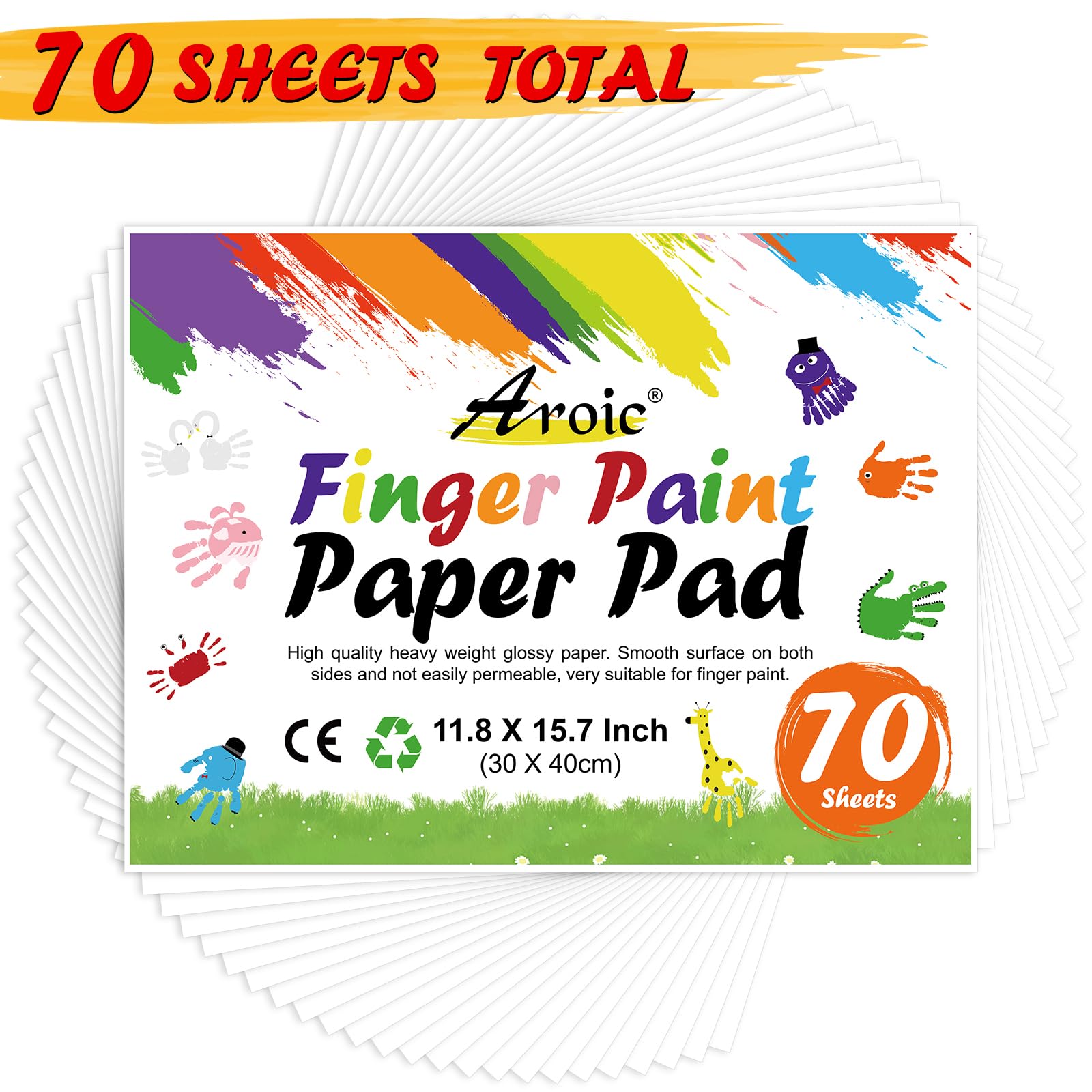 AROIC Finger Paint Paper Pad, 70 Sheets 11.8 x 15.7 Inches - Heavyweight Non-Absorbent Art Paper for Toddlers, Kids - Safe for Finger Painting, Crayons, Watercolor, Markers